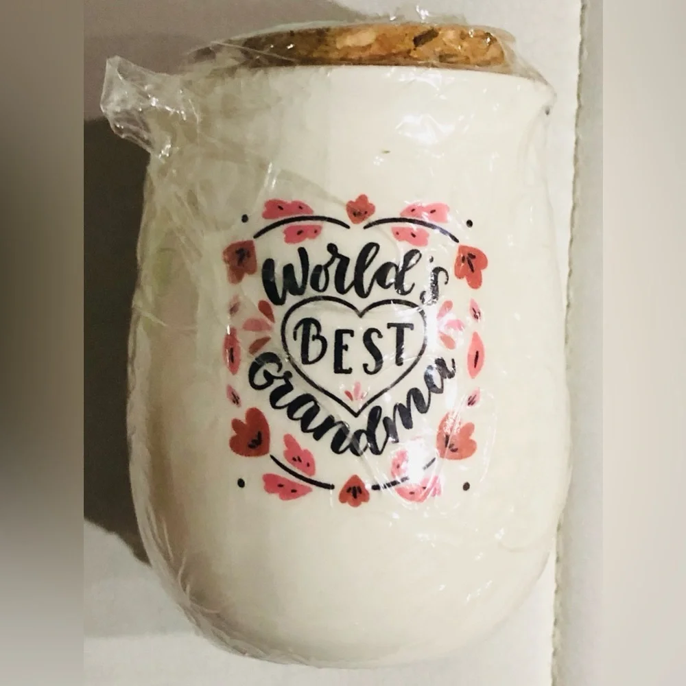 2 world’s best grandma mini cork topped‎ ceramic jars new